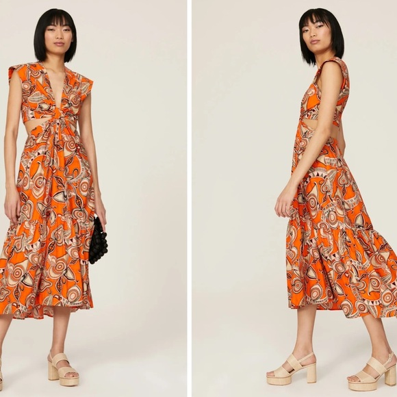 RTR A.L.C. Alexandria Orange Multi Geometric Cut Out Knot Front Midi Dress‎ Sz 6 - Picture 1 of 15